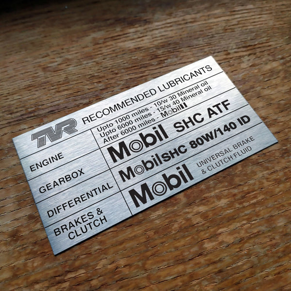 TVR Griffith "Recommended Lubricants" replica aluminium plate