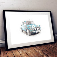 Classic Mini Cooper - Light Blue - A3/A4 Print "Sketch"