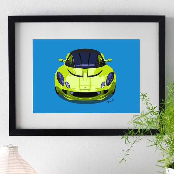 Lotus Elise S2 - bright green on blue - A3/A4 Stylised Print