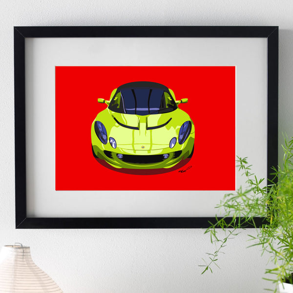 Lotus Elise S2 - bright green on red - A3/A4 Stylised Print